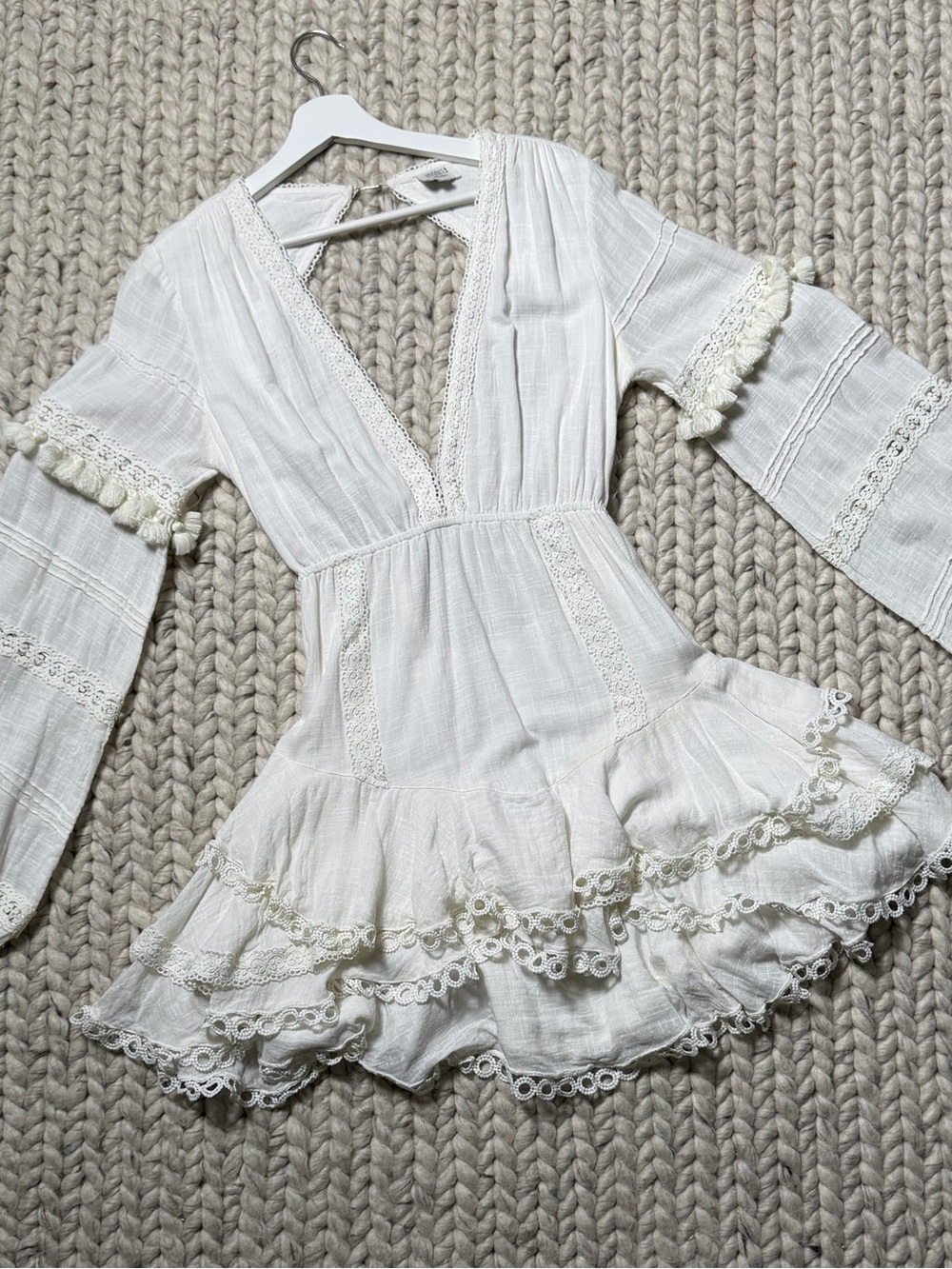 HEMANT & NANDITA-Boho Lace Trim White Mini Dress